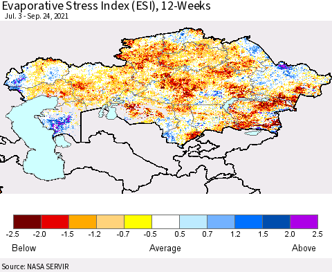 Kazakhstan Evaporative Stress Index (ESI), 12-Weeks Thematic Map For 9/20/2021 - 9/26/2021