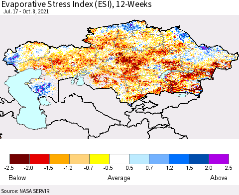 Kazakhstan Evaporative Stress Index (ESI), 12-Weeks Thematic Map For 10/4/2021 - 10/10/2021