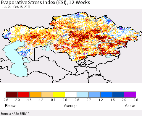 Kazakhstan Evaporative Stress Index (ESI), 12-Weeks Thematic Map For 10/11/2021 - 10/17/2021