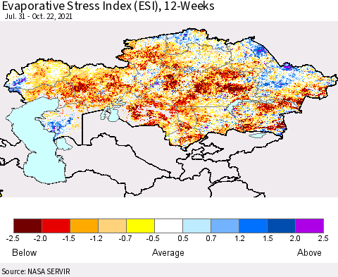 Kazakhstan Evaporative Stress Index (ESI), 12-Weeks Thematic Map For 10/18/2021 - 10/24/2021