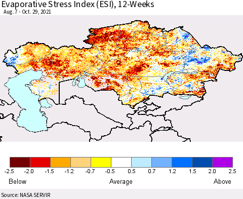 Kazakhstan Evaporative Stress Index (ESI), 12-Weeks Thematic Map For 10/25/2021 - 10/31/2021