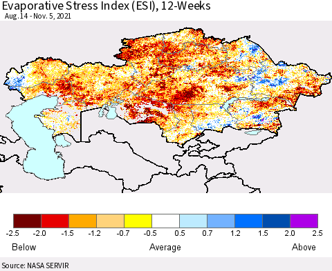 Kazakhstan Evaporative Stress Index (ESI), 12-Weeks Thematic Map For 11/1/2021 - 11/7/2021