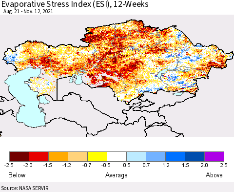Kazakhstan Evaporative Stress Index (ESI), 12-Weeks Thematic Map For 11/8/2021 - 11/14/2021