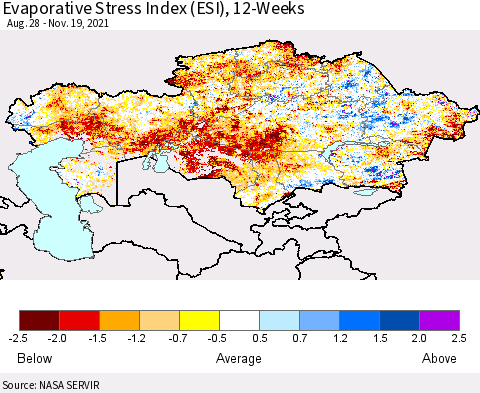 Kazakhstan Evaporative Stress Index (ESI), 12-Weeks Thematic Map For 11/15/2021 - 11/21/2021