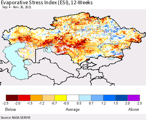 Kazakhstan Evaporative Stress Index (ESI), 12-Weeks Thematic Map For 11/22/2021 - 11/28/2021