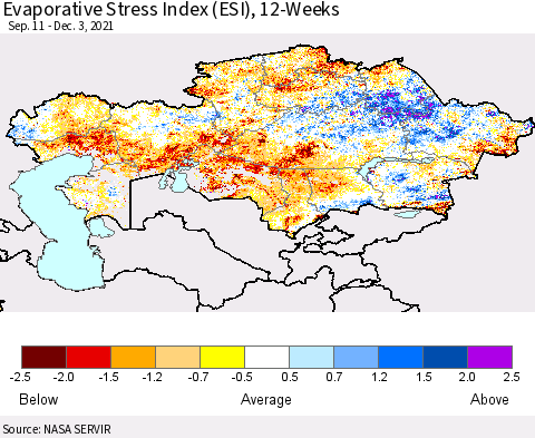Kazakhstan Evaporative Stress Index (ESI), 12-Weeks Thematic Map For 11/29/2021 - 12/5/2021