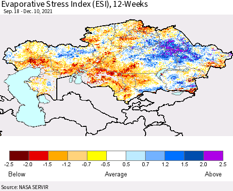 Kazakhstan Evaporative Stress Index (ESI), 12-Weeks Thematic Map For 12/6/2021 - 12/12/2021