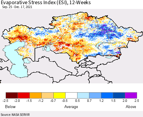 Kazakhstan Evaporative Stress Index (ESI), 12-Weeks Thematic Map For 12/13/2021 - 12/19/2021