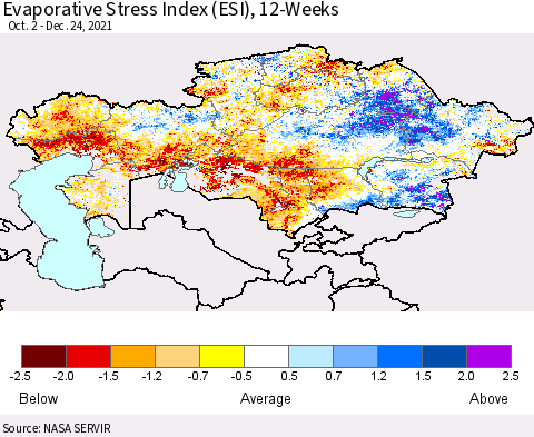 Kazakhstan Evaporative Stress Index (ESI), 12-Weeks Thematic Map For 12/20/2021 - 12/26/2021