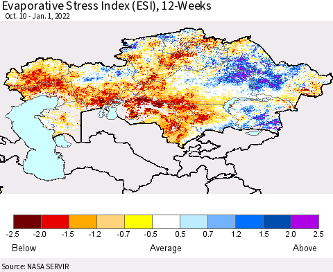 Kazakhstan Evaporative Stress Index (ESI), 12-Weeks Thematic Map For 12/27/2021 - 1/2/2022