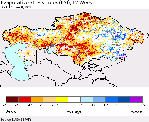 Kazakhstan Evaporative Stress Index (ESI), 12-Weeks Thematic Map For 1/3/2022 - 1/9/2022