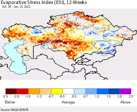Kazakhstan Evaporative Stress Index (ESI), 12-Weeks Thematic Map For 1/10/2022 - 1/16/2022
