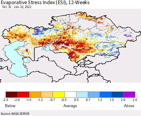 Kazakhstan Evaporative Stress Index (ESI), 12-Weeks Thematic Map For 1/17/2022 - 1/23/2022
