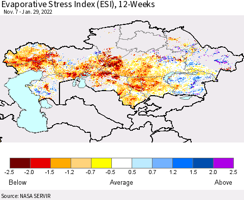 Kazakhstan Evaporative Stress Index (ESI), 12-Weeks Thematic Map For 1/24/2022 - 1/30/2022