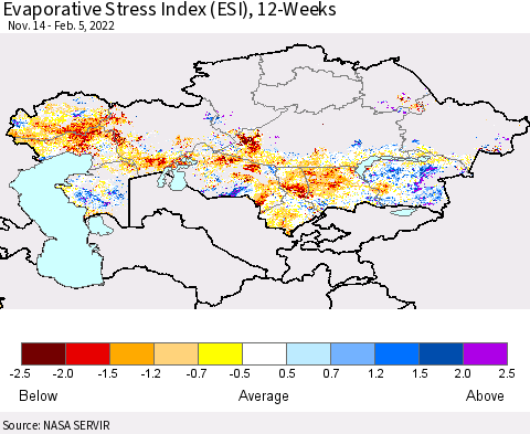 Kazakhstan Evaporative Stress Index (ESI), 12-Weeks Thematic Map For 1/31/2022 - 2/6/2022