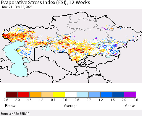 Kazakhstan Evaporative Stress Index (ESI), 12-Weeks Thematic Map For 2/7/2022 - 2/13/2022
