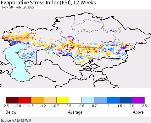 Kazakhstan Evaporative Stress Index (ESI), 12-Weeks Thematic Map For 2/14/2022 - 2/20/2022