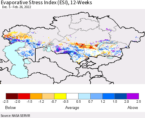 Kazakhstan Evaporative Stress Index (ESI), 12-Weeks Thematic Map For 2/21/2022 - 2/27/2022