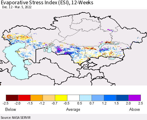 Kazakhstan Evaporative Stress Index (ESI), 12-Weeks Thematic Map For 2/28/2022 - 3/6/2022