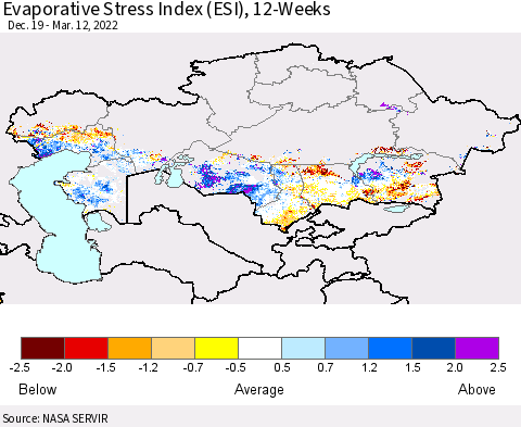 Kazakhstan Evaporative Stress Index (ESI), 12-Weeks Thematic Map For 3/7/2022 - 3/13/2022