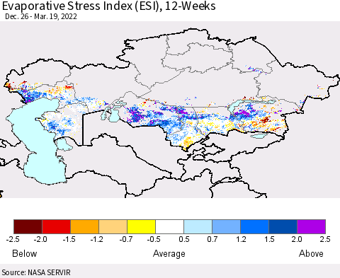 Kazakhstan Evaporative Stress Index (ESI), 12-Weeks Thematic Map For 3/14/2022 - 3/20/2022