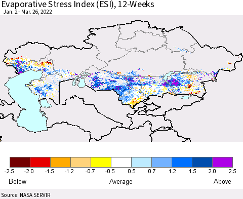Kazakhstan Evaporative Stress Index (ESI), 12-Weeks Thematic Map For 3/21/2022 - 3/27/2022