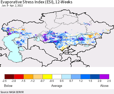 Kazakhstan Evaporative Stress Index (ESI), 12-Weeks Thematic Map For 3/28/2022 - 4/3/2022