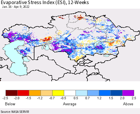 Kazakhstan Evaporative Stress Index (ESI), 12-Weeks Thematic Map For 4/4/2022 - 4/10/2022