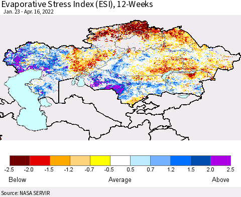 Kazakhstan Evaporative Stress Index (ESI), 12-Weeks Thematic Map For 4/11/2022 - 4/17/2022