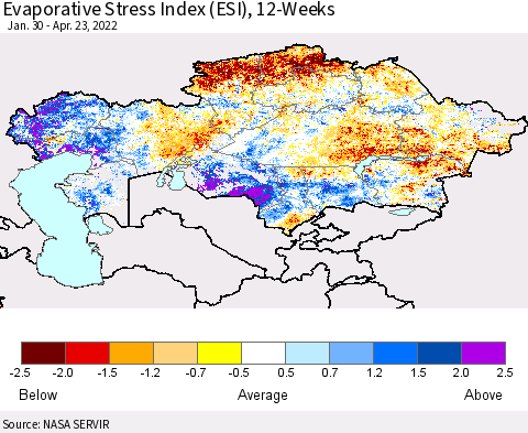 Kazakhstan Evaporative Stress Index (ESI), 12-Weeks Thematic Map For 4/18/2022 - 4/24/2022