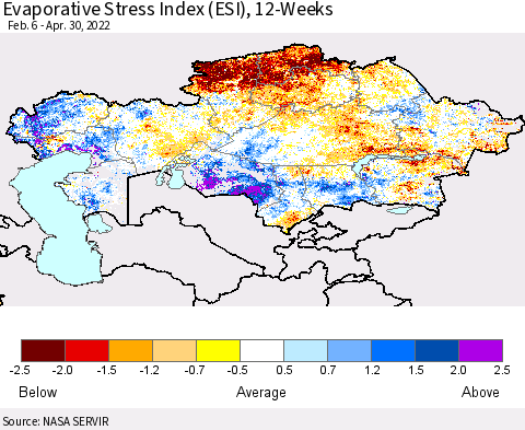 Kazakhstan Evaporative Stress Index (ESI), 12-Weeks Thematic Map For 4/25/2022 - 5/1/2022