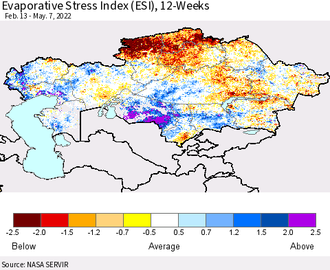 Kazakhstan Evaporative Stress Index (ESI), 12-Weeks Thematic Map For 5/2/2022 - 5/8/2022