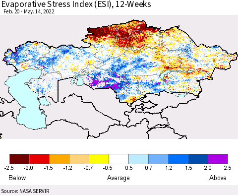 Kazakhstan Evaporative Stress Index (ESI), 12-Weeks Thematic Map For 5/9/2022 - 5/15/2022