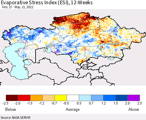 Kazakhstan Evaporative Stress Index (ESI), 12-Weeks Thematic Map For 5/16/2022 - 5/22/2022