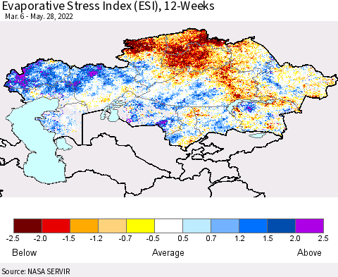Kazakhstan Evaporative Stress Index (ESI), 12-Weeks Thematic Map For 5/23/2022 - 5/29/2022