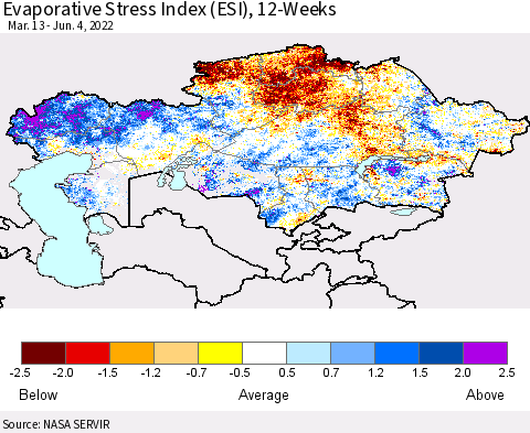 Kazakhstan Evaporative Stress Index (ESI), 12-Weeks Thematic Map For 5/30/2022 - 6/5/2022