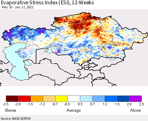 Kazakhstan Evaporative Stress Index (ESI), 12-Weeks Thematic Map For 6/6/2022 - 6/12/2022