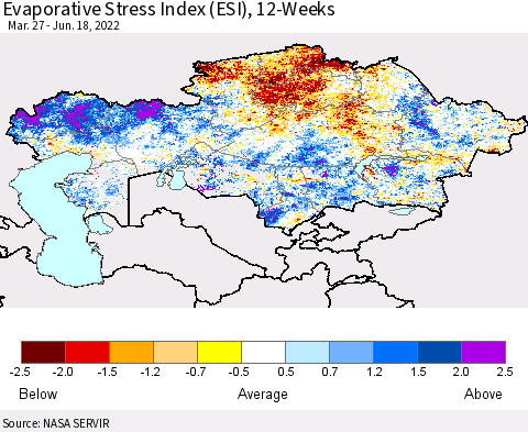Kazakhstan Evaporative Stress Index (ESI), 12-Weeks Thematic Map For 6/13/2022 - 6/19/2022