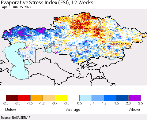 Kazakhstan Evaporative Stress Index (ESI), 12-Weeks Thematic Map For 6/20/2022 - 6/26/2022