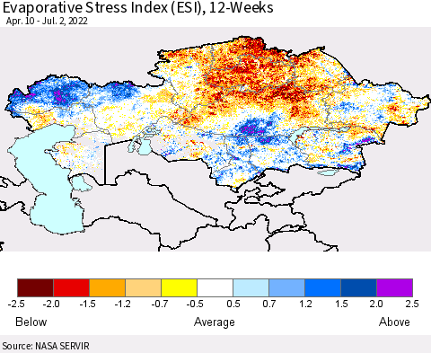 Kazakhstan Evaporative Stress Index (ESI), 12-Weeks Thematic Map For 6/27/2022 - 7/3/2022