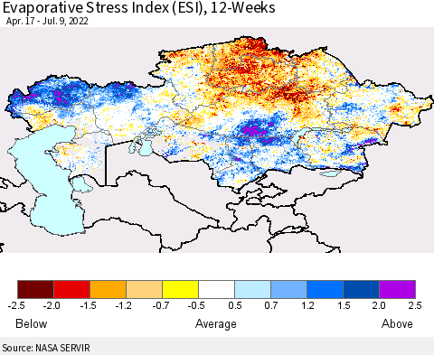 Kazakhstan Evaporative Stress Index (ESI), 12-Weeks Thematic Map For 7/4/2022 - 7/10/2022