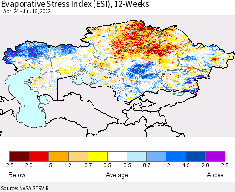Kazakhstan Evaporative Stress Index (ESI), 12-Weeks Thematic Map For 7/11/2022 - 7/17/2022