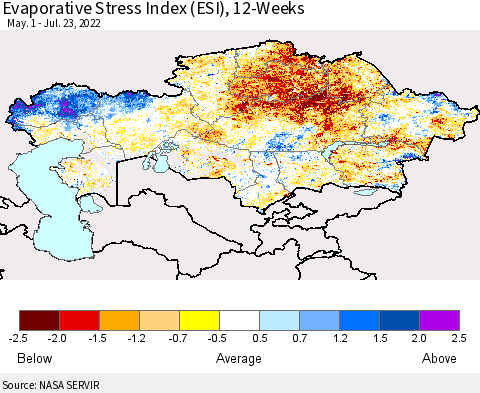 Kazakhstan Evaporative Stress Index (ESI), 12-Weeks Thematic Map For 7/18/2022 - 7/24/2022