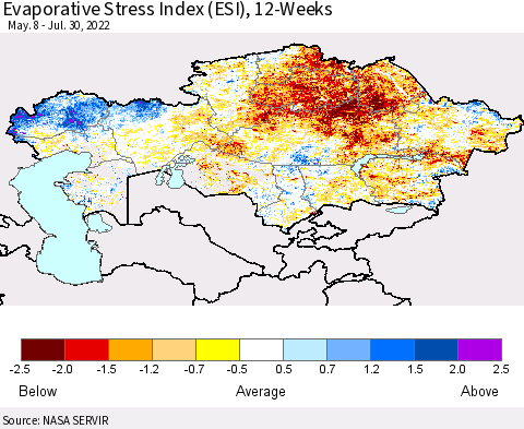Kazakhstan Evaporative Stress Index (ESI), 12-Weeks Thematic Map For 7/25/2022 - 7/31/2022