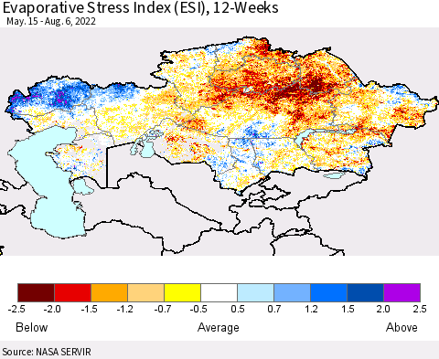Kazakhstan Evaporative Stress Index (ESI), 12-Weeks Thematic Map For 8/1/2022 - 8/7/2022