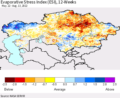 Kazakhstan Evaporative Stress Index (ESI), 12-Weeks Thematic Map For 8/8/2022 - 8/14/2022