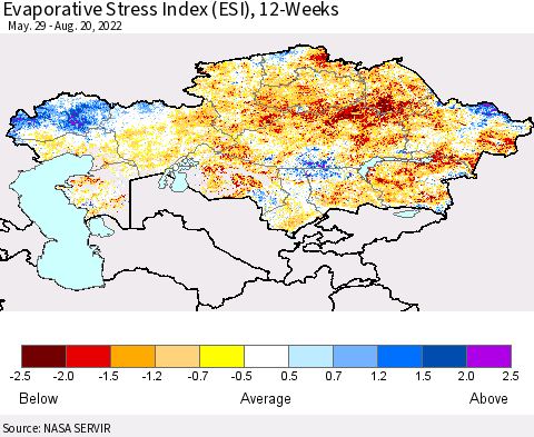 Kazakhstan Evaporative Stress Index (ESI), 12-Weeks Thematic Map For 8/15/2022 - 8/21/2022