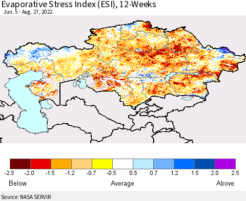 Kazakhstan Evaporative Stress Index (ESI), 12-Weeks Thematic Map For 8/22/2022 - 8/28/2022