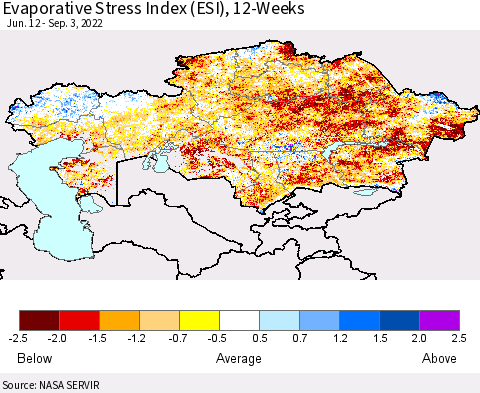 Kazakhstan Evaporative Stress Index (ESI), 12-Weeks Thematic Map For 8/29/2022 - 9/4/2022
