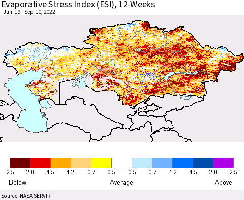 Kazakhstan Evaporative Stress Index (ESI), 12-Weeks Thematic Map For 9/5/2022 - 9/11/2022